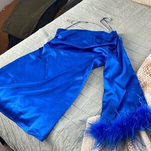 Vestique blue one shoulder dress with feather sleeve